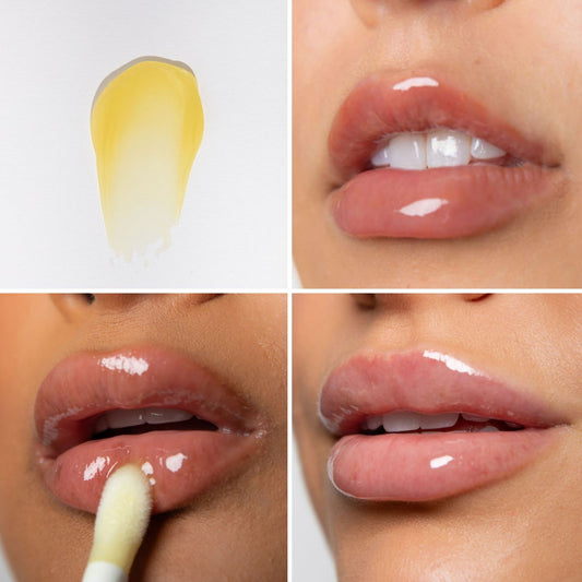 Lanolin Lip Elixir in a glossy finish, enhancing lips with hydration and shine.